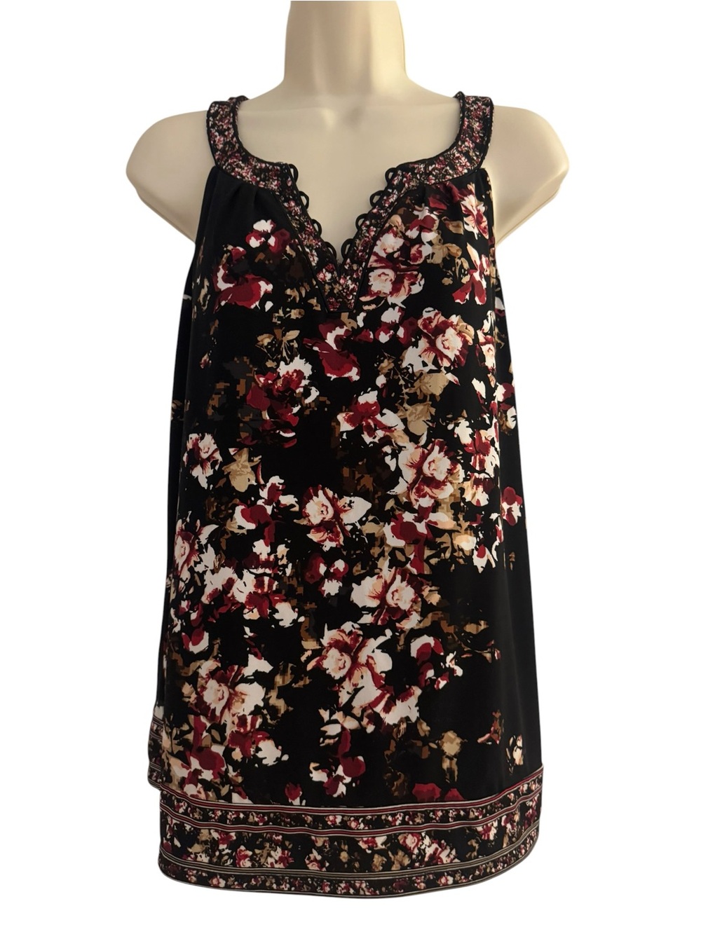 White House Black Market Floral Lace-Trim Tank - Black w Burgundy & Cream Sz S